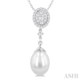 9X7 MM Oval Shape Mount Cultured Pearl Drop and 1/5 ctw Round Cut Diamond Fashion Pendant With Chain in 14K White Gold